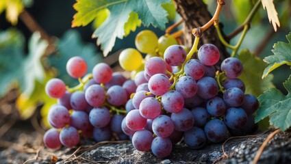 Poster - Realistic clusters of artificial grapes resting on the vine surrounded by lush green leaves in a detailed close-up composition.