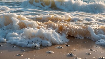 Poster - foamy waves gently breaking on a sandy shore with air bubbles capturing the essence of a serene beac