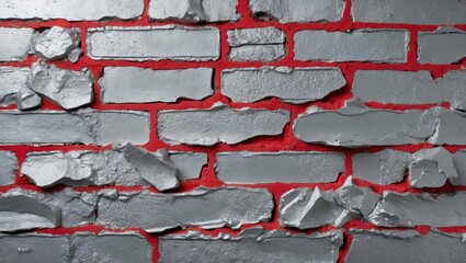 Poster - weathered silver-painted brick wall with red accents, showcasing peeling texture and urban aesthetic