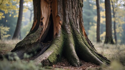 Poster - Majestic tree trunk with intricate textures surrounded by lush wilderness in a serene forest setting.