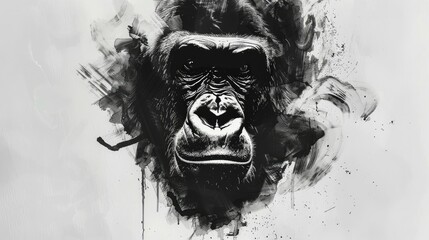 Wall Mural - A striking monochrome illustration of a gorilla's face, showcasing its powerful expression against an abstract background