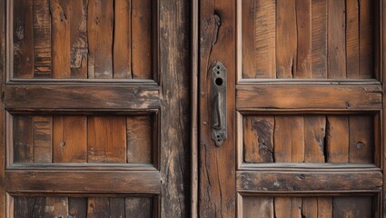 Poster - Textured close-up of a weathered antique wooden door showcasing natural brown tones and rustic charm for architectural or vintage themes.