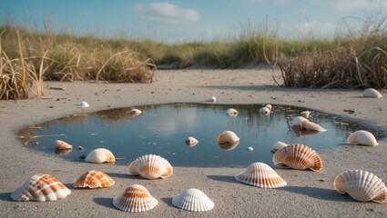 Poster - Tranquil Beach Scene Featuring an Empty Pond Surrounded by Seashells and Natural Grass with Ample Space for Text and Design Elements