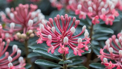 Wall Mural - Closeup view of adenium plant displaying vibrant pink and white flowers surrounded by lush green foliage showcasing nature's beauty