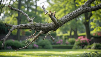 Poster - Close-up of a broken tree branch surrounded by lush green trees and blooming flowers in a tranquil garden setting.