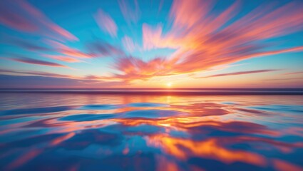 Wall Mural - vibrant sunset reflection over calm water with motion blur creating an abstract ocean scene at dusk