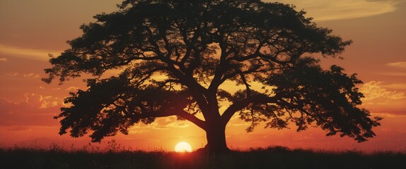 Wall Mural - Majestic silhouette of a large tree at sunset creating dramatic shadows against a vibrant orange and purple sky landscape.