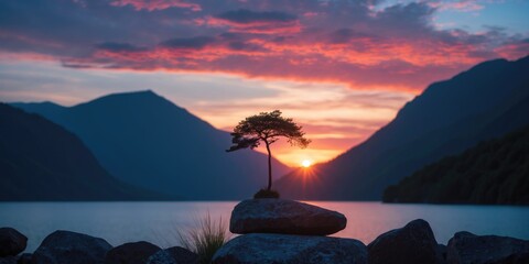 Wall Mural - Serene Sunset Over Lake With Silhouetted Tree And Mountains Calm Reflections Ideal For Nature Background Or Relaxation Themes