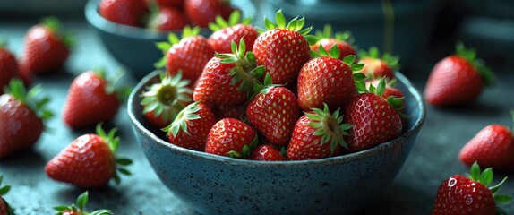 Wall Mural - Fresh and Juicy Strawberries in a Decorative Bowl Surrounded by More Strawberries on a Rustic Table