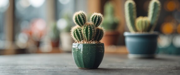Poster - Charming Mini Cactus in a Green Pot on a Rustic Table with Soft Focus Background and Space for Text or Branding.