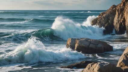 Poster - Dynamic sea waves crashing against rugged rocks in a tranquil summer seascape, capturing the beauty of nature's coastal scenery.