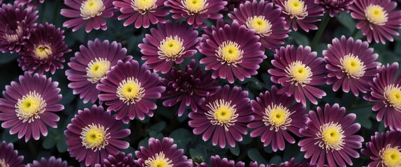 Canvas Print - Close-up of vibrant dark pink chrysanthemums featuring yellow centers and white-tipped petals in a lush floral arrangement.