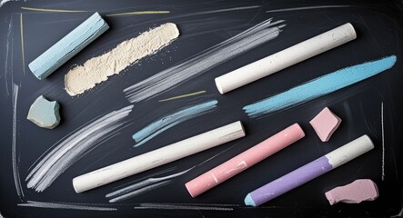 Poster - Colorful chalk and pastel smudges on a blackboard surface creating an abstract educational background for graphic design or text placement.