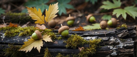 Poster - Acorns and autumn leaves on a moss-covered log in a tranquil forest setting with space for text or branding.