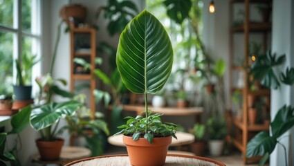Poster - Tropical houseplant with vibrant new leaf emerging in a stylish interior plant display surrounded by greenery and natural light.