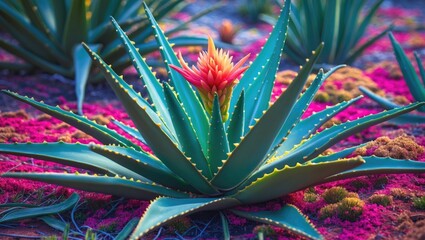 Canvas Print - Vibrant Aloe Plant in Full Bloom with Colorful Background and Space for Text Overlay