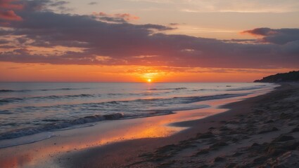 Poster - serene coastal sunset over tranquil beach waves with vibrant sky reflection