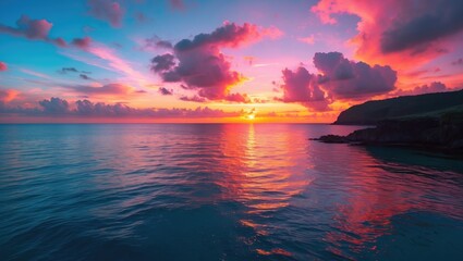 Poster - vibrant coastal sunset over tranquil waters with stunning color reflections and clear space for text