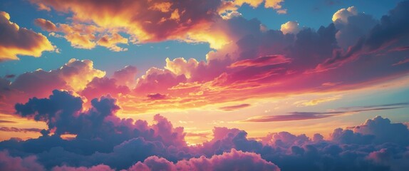 Wall Mural - twilight sky bathed in vibrant shades of gold, pink, and blue with majestic clouds creating a pictur
