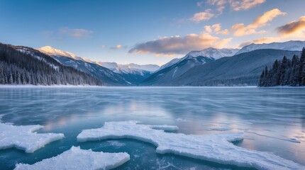 Poster - Frozen Abant Lake with ice formations and snow-capped mountains under a serene winter sky at sunset