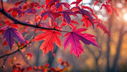 Poster - Vibrant red and purple autumn leaves on a branch illuminated by warm sunlight highlighting nature's seasonal beauty.