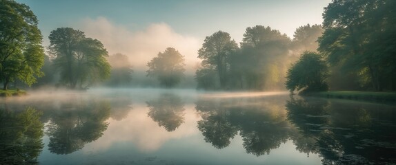 Canvas Print - Serene foggy morning at a tranquil pond with trees beautifully reflecting in the still water creating a peaceful natural landscape.