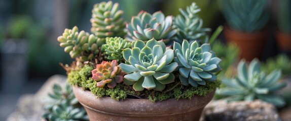 Poster - Succulent Arrangement in a Rustic Planter With Greenery and Empty Space for Custom Text or Branding