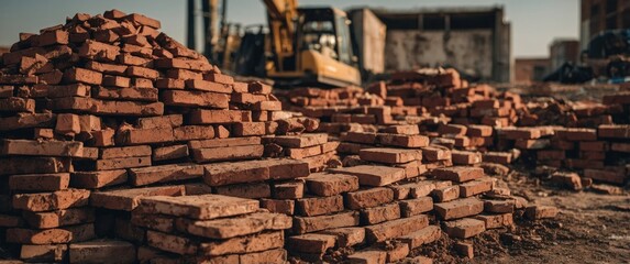 Stacked bricks at a construction site with machinery in the background showcasing building materials and ongoing development activities.