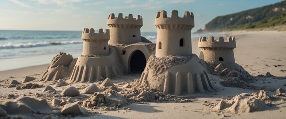 Poster - Abandoned Sand Castle on Beach with Ocean View and Vacant Space for Text Elements