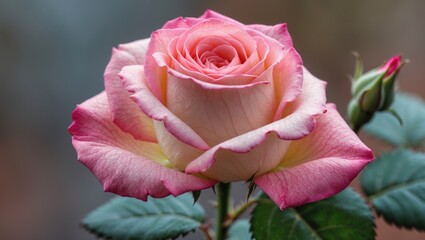 Poster - Delicate pink rose in bloom surrounded by lush green leaves showcasing beauty and elegance in Florida's warm November light.
