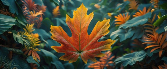 Poster - Vibrant autumn leaf surrounded by lush foliage showcasing nature's beauty and the transition of seasons in a tropical setting