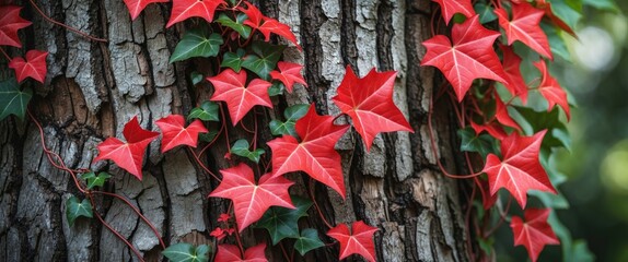 Wall Mural - Red Ivy Leaves Vividly Climbing Tree Bark in Lush Green Forest Setting Representing Nature's Beauty and Seasonal Change