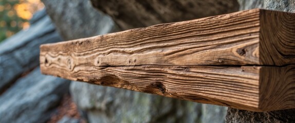 Wall Mural - Rustic Wooden Display Shelf Highlighting Grain and Texture with Natural Rock Backdrop in Soft Focus for Home Decor Inspiration