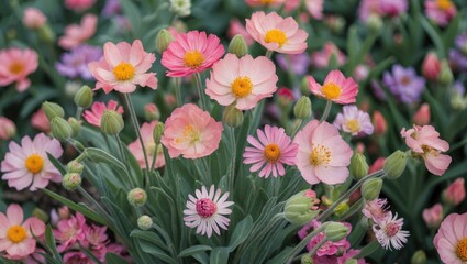 Poster - Vibrant Summer Blossoms Displaying Colorful Flowers with Soft Focus and Blank Space for Text Overlay