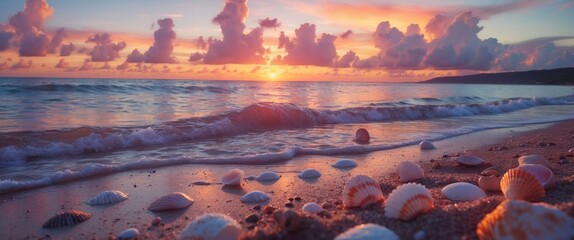 Poster - Serene sunset over a sandy beach adorned with seashells and gentle waves reflecting vibrant colors in the sky