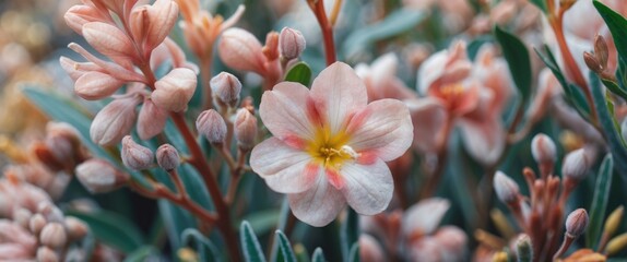 Canvas Print - Delicate close-up of soft pink flowers and buds capturing the beauty of nature in fine detail and vibrant colors.