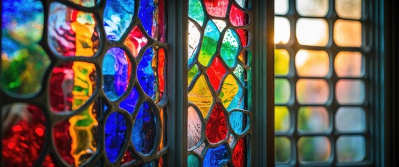 Poster - Colorful stained glass window with intricate designs and sunlight casting vibrant reflections, creating a warm and inviting atmosphere.