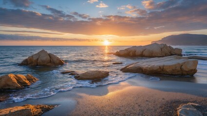 Wall Mural - Rocky Beach at Sunrise with Gentle Waves and Golden Sky Offering Tranquil Seaside Landscape Ideal for Inspirational Text Placement