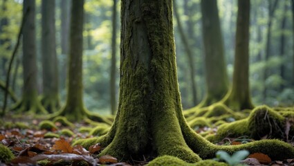 Canvas Print - Closeup of a mossy forest floor with tree trunks surrounded by lush greenery and fallen leaves creating a tranquil woodland atmosphere.