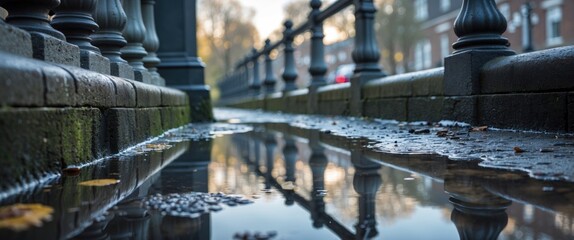 Poster - Railing reflection in a puddle capturing tranquil urban scenery with autumn leaves and architectural details in soft morning light