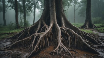 Poster - Ancient Tree Roots Emerging from Earth in Misty Forest Setting with Lush Greenery and Serene Atmosphere Ideal for Nature Themes