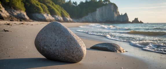 Poster - Serene beach landscape featuring smooth rocks on the shoreline with gentle waves and a backdrop of lush cliffs at sunset.