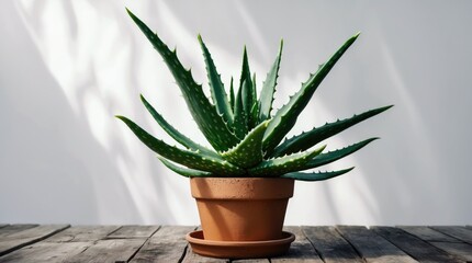 Poster - Aloe Vera succulent in a terracotta pot on a wooden table with soft light and shadows against a bright white background