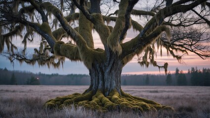 Poster - Majestic tree draped in vibrant moss at dusk in serene landscape showcasing nature's beauty and tranquility.