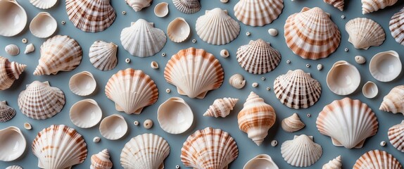 Poster - Pastel Seashells Background with Assorted Shells and Empty Copy Space for Text in Bohemian Coastal Decor Style