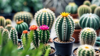 Poster - Colorful Mini Cacti Variety in Focus with Blurred Green Plants Background Ideal for Gardening and Botanical Themes