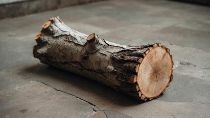 Poster - Wooden tree trunk resting on a concrete surface showcasing bark texture and cut edges, ideal for nature and rustic themes.