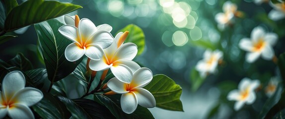 Poster - Bokeh close up of white plumeria flowers surrounded by lush green leaves showcasing nature's beauty and tranquility.