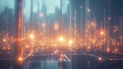 Poster - Abstract Digital Cityscape with Glowing Data Streams and Network Connections