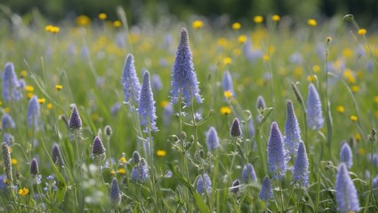 Wall Mural - Vibrant summer meadow with blooming blue flowers and yellow wildflowers creating a picturesque landscape full of nature's beauty.